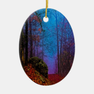 Ornement Ovale En Céramique Forêt peinte automne pourpre brouillard