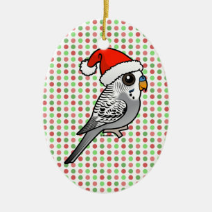 Ornement Ovale En Céramique Grey Budgie Santa Claus