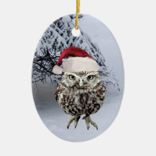 Ornement Ovale En Céramique Hibou de Noël avec l'ornement de casquette de Pè