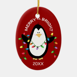 Ornement Ovale En Céramique Joyeux et lumineux pingouin de Noël en rouge