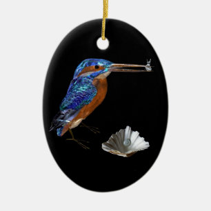 ORNEMENT OVALE EN CÉRAMIQUE KINGFISHER ,COQUILLES MARINES SAPHIR BLEU MONOGRAM