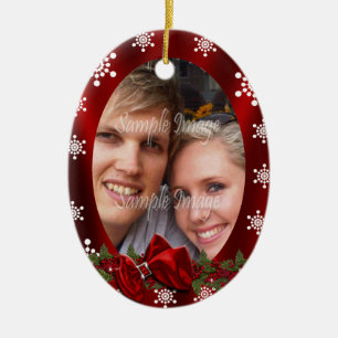 Ornement Ovale En Céramique La première photo de Noël de couples