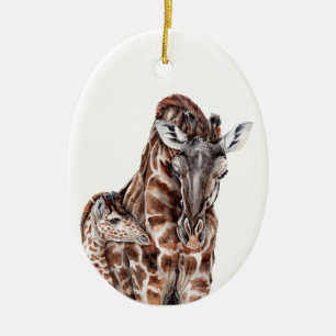 Ornement Ovale En Céramique Mère Giraffe avec Bébé Giraffe