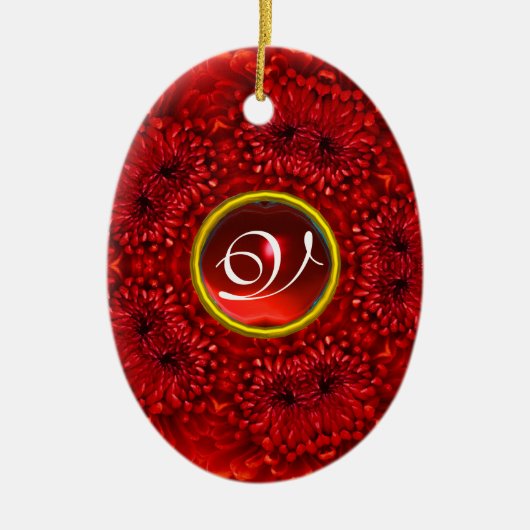 ORNEMENT OVALE EN CÉRAMIQUE MONOGRAMME ROUGE DAHLIA RUBY (Devant)