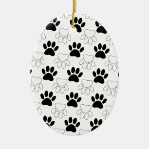 Ornement Ovale En Céramique Motif Empreinte de patte de chien noir et blanc