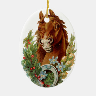 Ornement Ovale En Céramique Noël à l'ancienne, cheval