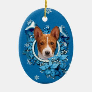 Ornement Ovale En Céramique Noël - flocon de neige bleu - Basenji