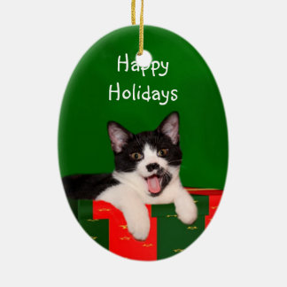Ornement Ovale En Céramique Noël voeux tuxedo chat
