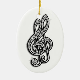 Ornement Ovale En Céramique Notes de musique diamantées pailletées noires et a