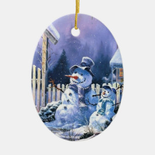 Ornement Ovale En Céramique _ornament two_snowmen_old_christmas_oval