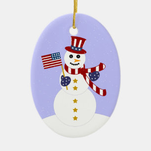 Ornement Ovale En Céramique Ovale de Noël du patriotique Snowman