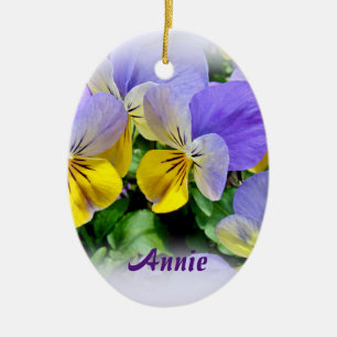 Ornement Ovale En Céramique Pansies - pourpre et jaune