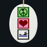 Ornement Ovale En Céramique Peace Love Swim<br><div class="desc">Un signe de paix,  un coeur et une personne qui nage en bleu. J'adore nager. Un grand cadeau pour un nageur ou un maître nageur.</div>