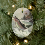 Ornement Ovale En Céramique Pêche vintage à la truite arc-en-ciel, Pêche des p<br><div class="desc">Illustration vintage design sportif mettant en vedette un pêcheur pêchant dans une rivière. Une truite arc-en-ciel éclate et saute hors de l'eau.</div>