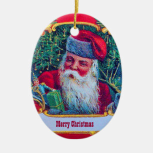 ORNEMENT OVALE EN CÉRAMIQUE PÈRE NOËL VINTAGE