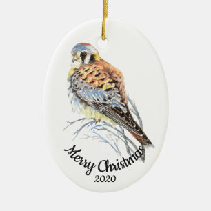 Ornement Ovale En Céramique Personnalisé Date Noël Aquarelle Kestrel, Faucon