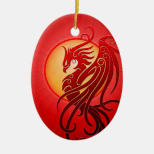 Ornement Ovale En Céramique Phoenix tribal rouge