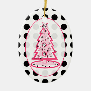 Ornement Ovale En Céramique Polka Dot Et Arbre De Noël Rose
