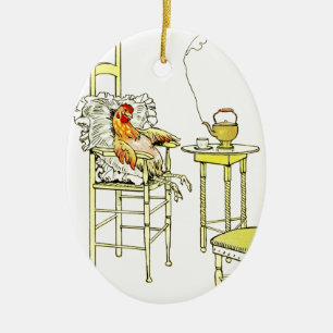 Ornement Ovale En Céramique Poule fatiguée ayant une tasse de thé
