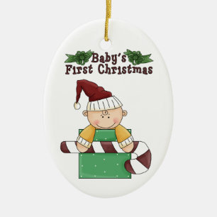 Ornement Ovale En Céramique Premier sucre de canne de Noël du bébé