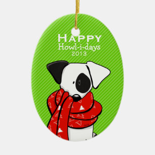 Ornement Ovale En Céramique Rayure moderne de chien de Noël rouge mignon
