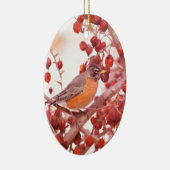 Ornement Ovale En Céramique Robin Avec Berries Rouges (Droite)