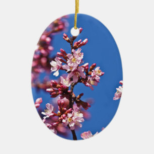 Ornement Ovale En Céramique Sakura Cerisiers en Fleur Touchant le Bleu