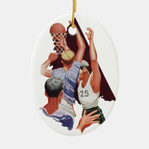 Ornement Ovale En Céramique Sports Anciens, Joueurs de Basket-ball dans un Mat