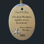 Ornement Ovale En Céramique Starfish Couple Custom Oval Christmas Ornament<br><div class="desc">Two starfish in beach sand on an oval hanging ornament. Add to the Christmas tree as a memento of a special time or momentous occasion. Four lines of template text let you customize as needed with names, info - such as "first Christmas", or "our vacation" text - and place and...</div>