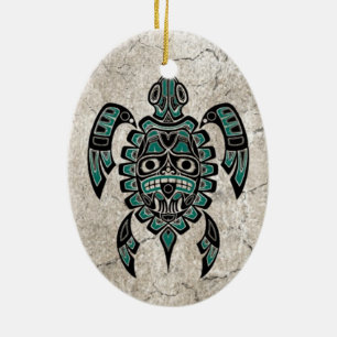 Ornement Ovale En Céramique Tortue de mer bleue turquoise criquée d'esprit de