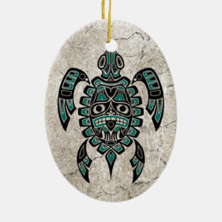 Ornement Ovale En Céramique Tortue de mer bleue turquoise criquée d'esprit de