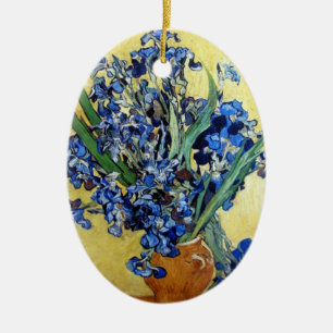 Ornement Ovale En Céramique Vincent van Gogh, iris bleus sur fond jaune