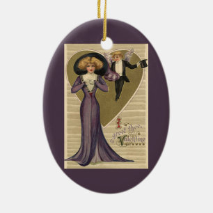 Ornement Ovale En Céramique Vintage Saint-Valentin victorienne, dame en violet