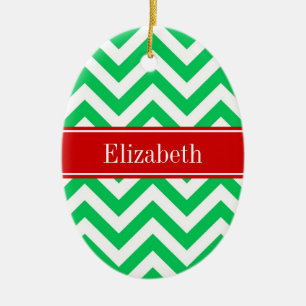 Ornement Ovale En Céramique Xmas Emerald White LG Chevron Nom rouge Monogramme