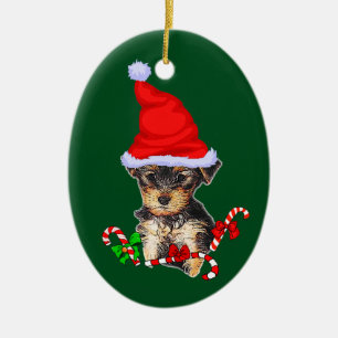 Ornement Ovale En Céramique Yorkshire Terrier Noël
