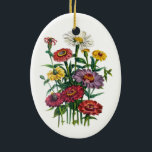 Ornement Ovale En Céramique Zinnias<br><div class="desc">Illustration botanique ancienne des fleurs de zinnia en rouge,  jaune violet et blanc</div>