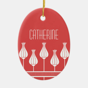 Ornement ovale fleuri Art déco rouge