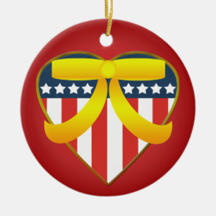 Ornement Patriotique Heart Yellow Ribbon Round