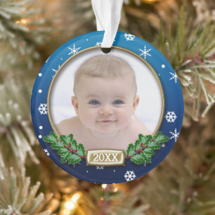 Ornement photo 1er Noël du bébé (bleu)