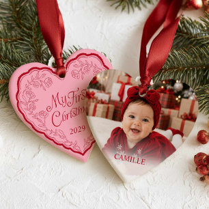 Ornement photo coeur rose pour mon premier Noël