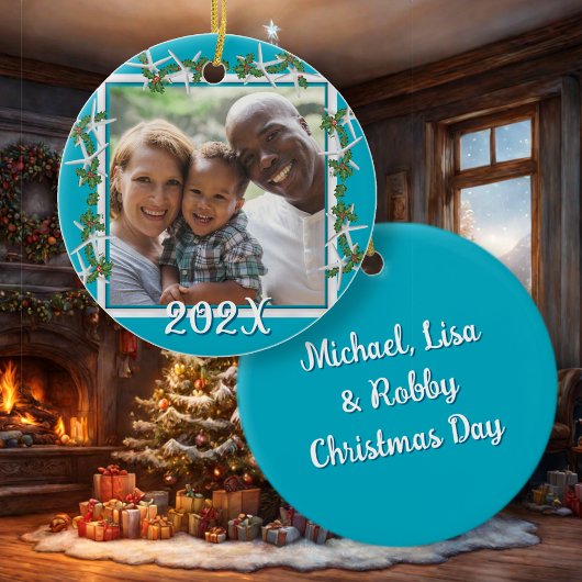 Ornement photo de Noël de plage Starfish Bleu