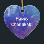 Ornement pourpre de coeur de peinture d'Aqua de<br><div class="desc">Cet ornement de coeur a une peinture de composition abstraite avec l'aqua,  le bleu,  blanc et pourpre et l'expression : "Chanukah heureux !" C'est un grand article de décoration de vacances pour votre pièce et un cadeau gentil pour votre amour ceux.</div>