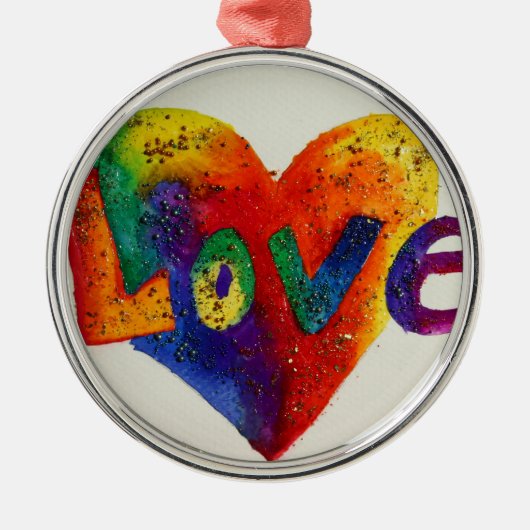 Ornement Rond Argenté Amour Rainbow Heart Parties scintillant Word Art O (Devant)