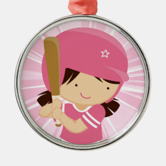 Ornement Rond Argenté Batterie fille de softball en rose et blanc