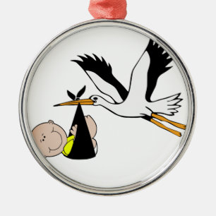 Ornement Rond Argenté Bébé et cigogne - paquet de joie