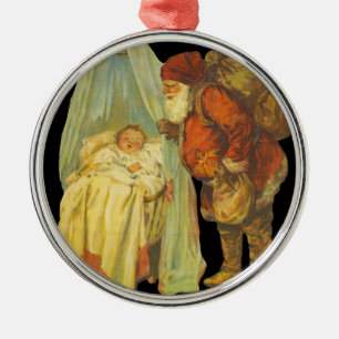 Ornement Rond Argenté Bébé Noël Clause de Noël Vintage