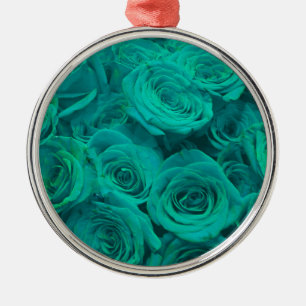 Ornement Rond Argenté Belles fleurs turquoises roses turquoises