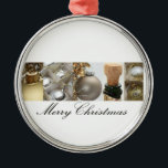 Ornement Rond Argenté Black Collage Christmas, White and Gold<br><div class="desc">Le temps du Christ et le temps du cold outside. Time to decorate and enjoy the chaleurth of your home and celebrate with family and friends. Our Christmas Collage Collection has matching items available,  pick yours and add something extra to the holidays. Perfect pour les holidays.</div>