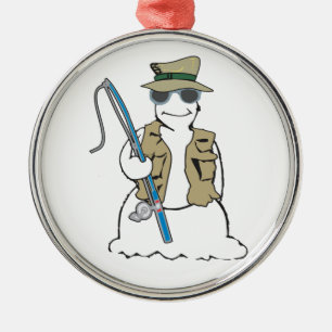 Ornement Rond Argenté Bonhomme de neige de pêcheur avec le gilet