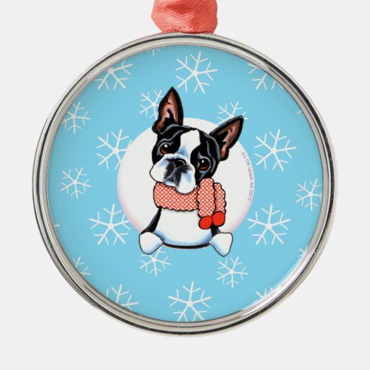 Ornement Rond Argenté Boston Terrier Laisser neiger (Devant)